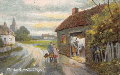 England 1910 Blacksmith's Shop Horse Art Vintage Postkarte