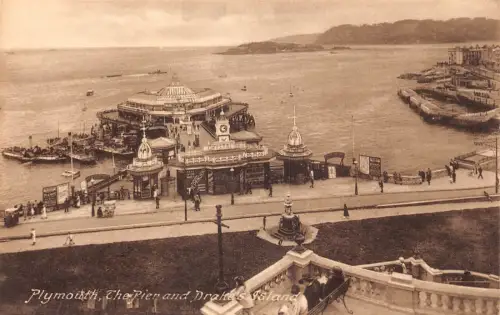 England Plymouth The Pier and Drake's Island Vintage Postkarte