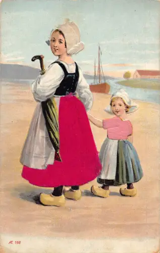 Ethnische Kinder Holländische Mädchen Traditionelle Kostüme Seide Prägung Postkarte C327