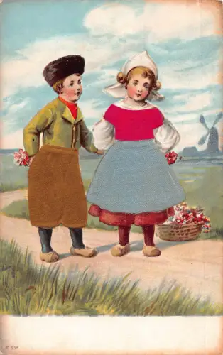 Ethnische Kinder Holländisches Mädchen und Junge Blumen Landschaft Seide geprägte Postkarte C327