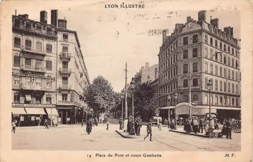 C052 Frankreich Lyon Place du Pont et cours Gambetta 1934 Vintage Postkarte