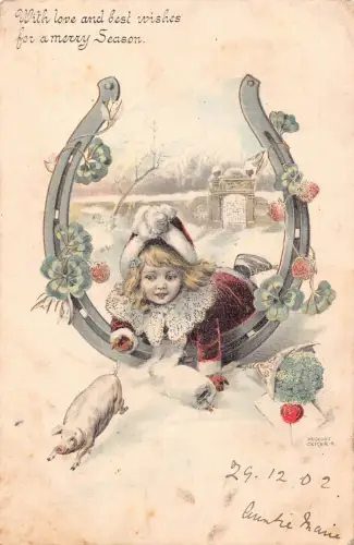 Saison 1902 Geiger Kunst rotes Gewand Mädchen Hufeisen Kleeblatt Schwein Postkarte C354