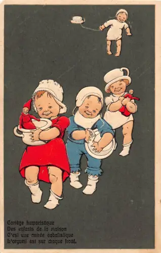 Kinder spielen mit Töpfchen Puppe Töpfchen als Hut Comic Humor geprägte Postkarte C356