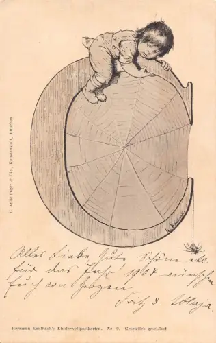 Großer Brief um 1903 Kunst von Kailbach Kleinkind Junge Spinnennetz Postkarte C357