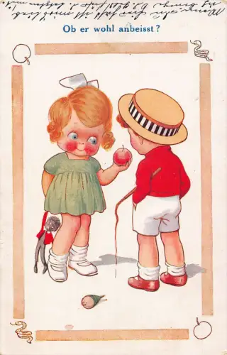 Kinder Adam und Eva Apfel Schlangenpeitsche Puppe Ober wohl anbeisst? Postkarte C358