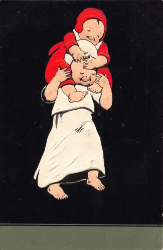 Kinder Mädchen im Nachthemd fürsorgliches Baby im roten Kleid 1907 geprägte Postkarte C359