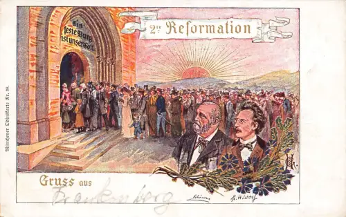 Deutschland Gruss aus Reformation Menschen bei Kirche Sonnenuntergang Persönlichkeit Postkarte C359