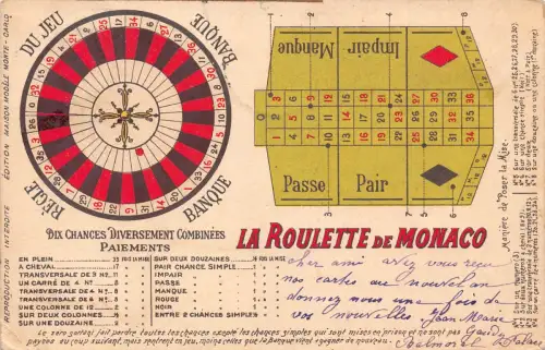 La Roulette de Monaco Roulette Rad Glücksspiel Casino 1904 Postkarte C360