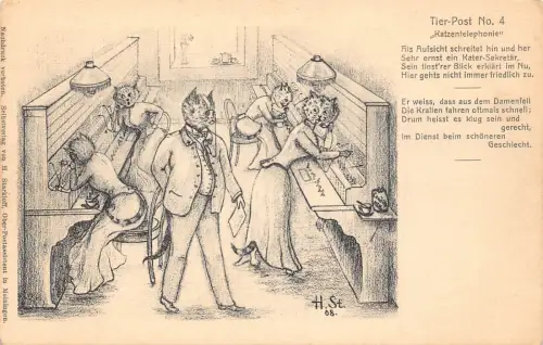 Tiere anthropomorphe Katzen Telefonisten H. Starkloff Kunst Postkarte C360