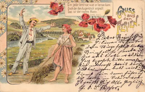 Gruss aus Aerien Love Romance Poppy Daisy Flowers Bauern 1900 Postkarte C361
