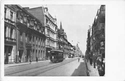 Polen 1939 Lodz Piotrkowska Str am Ufer Dyskontowy Straßenbahn WWII Feldpostkarte C370