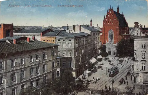 Polen 1914 Krakau Dominikanplatz Platz Straßenbahn Vintage Postkarte C370
