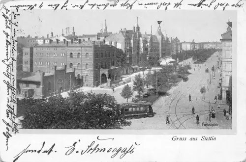 Polen 1907 Stettin Gruss aus Stettin Paradeplatz Straßenbahn Vintage Postkarte C370