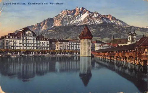 Schweiz 1934 Luzern mit Pilatus Kapellbrücke Wasserturm Postkarte C374