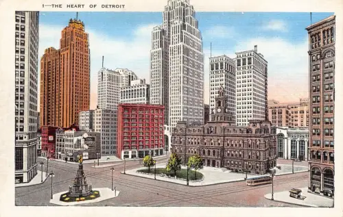 USA The Heart of Detroit Michigan Vintage Postkarte C375