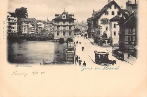 Schweiz Gruss aus Zuerich Am Limatquai Pferdebahn Vintage Postkarte C377