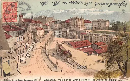 Schweiz 1910 Lausanne Grand Pont et Alpes Leman's Chocolat Tram Postkarte