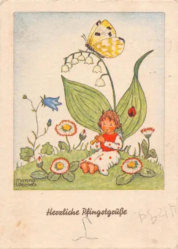 Pfingstgrüße Fee spielt Flöte Maiglöckchen Schmetterling Postkarte B808