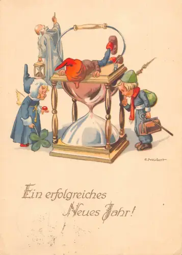 Neujahr 1948 Kunst von Neubert Kleeblatt Cherub Zwerg Sanduhr Postkarte B808