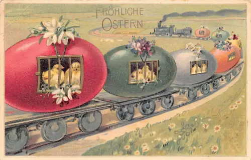L229 Ostergrüße 1911 Eierzug Küken Blumen geprägt Fantasy Postkarte