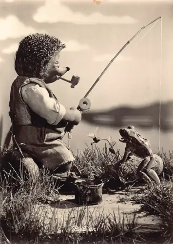 Mecki Humanisierter Igel Fischer Rauchen Pfeife Frosch RPPC Postkarte B831