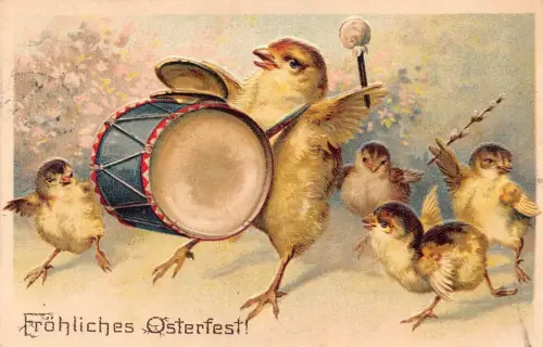L230 Ostergrüße 1919 Humanisierte Küken singen Trommel geprägt Fantasy Postkarte