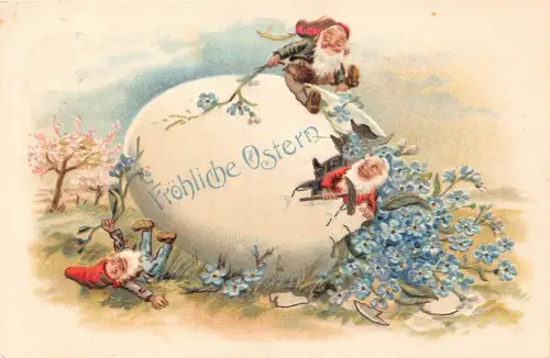 L229 Ostergrüße 1911 Zwerge Blumen Ei geprägt Fantasie Postkarte