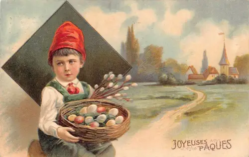 L229 Ostergrüße 1913 Junge Korb Ei Blumen geprägt Fantasie Postkarte