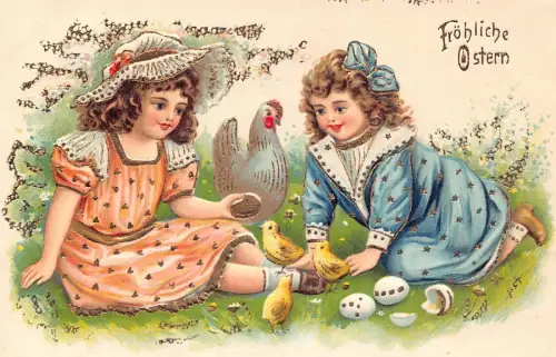 L229 Ostergrüße Mädchen Henne Eier Küken geprägt Fantasy Postkarte