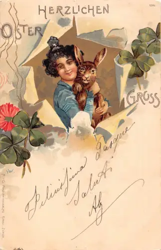 L229 Ostergrüße 1900 Mädchen Blumen Kleeblatt Glück Hase Fantasy Postkarte