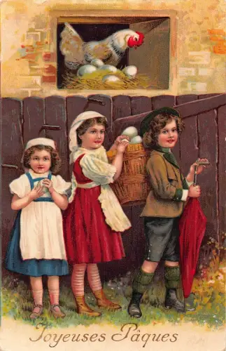 L229 Ostergrüße 1910 Kinder Eier Henne Regenschirm Fantasie Postkarte