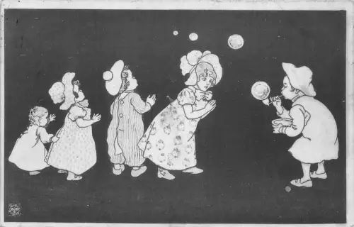 L409 Grüße 1911 Comic Kinder spielen Seifenblasen Vintage Postkarte