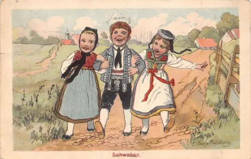 A125 Künstlerkarte 1908 Schwaben Kinder Trachten Fröhliche Postkarte