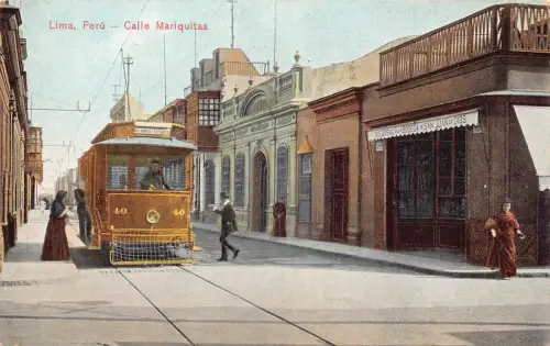 Peru Lima Calle Mariquitas Straßenbahn Bodega de San Juan de Dios Vintage Postkarte