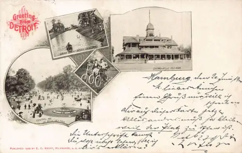 L035 US Gruß aus Detroit 1900 Radfahrer Litho Vintage Postkarte