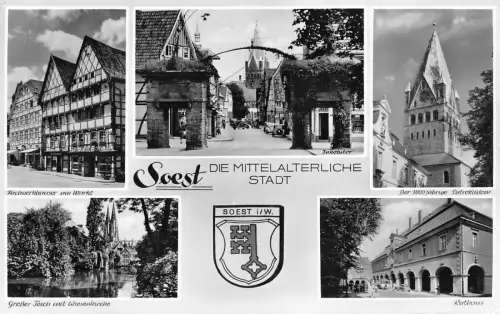 Deutschland Soest Rathaus Großer Teich Wiesenkirche Wappen RPPC Postkarte