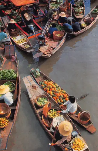 Thailand Bangkok Wat Sai Schwimmender Markt Früchte Boote Vintage Postkarte