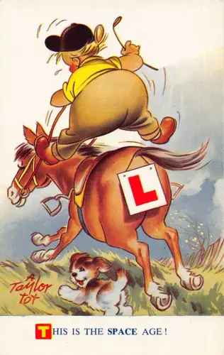 L-Schild Bamforth Comic Boy Riding Horse Dog This is the Space Age! Postkarte