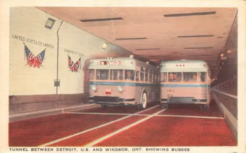 US Tunnel Btw Detroit Michigan und Windsor Ontario Kanada Busse Vintage Postkarte