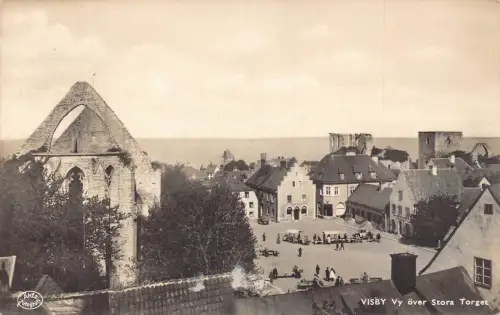 Schweden 1936 Visby Vy Over Stora Torget Market Vintage Postkarte