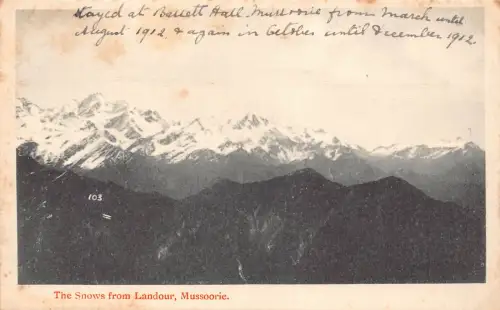 A996 Indien Mussoorie Der Schnee von Landour Mountain Peaks 1912 Vintage Postkarte
