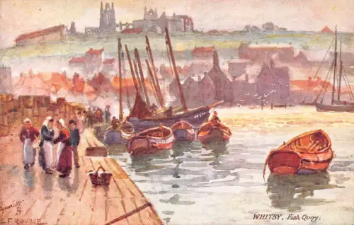 B006 England Whitby Fischkai Boote Kunst Vintage Postkarte