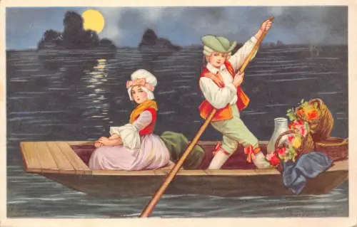 L526 Italien Paar Boot Blumen Körbe Mondschein Vintage Postkarte
