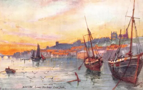 B006 England Whitby Lower Harbour East Side Fischerboote Kunst Vintage Postkarte