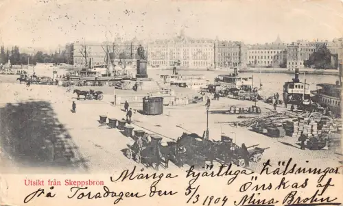 Schweden 1904 Utsikt fran Skeppsbron Dampfschiff Kutschen Hafen Vintage Postkarte