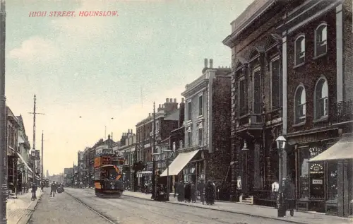England Hounslow High Street Geschäfte Doppeldecker Straßenbahn Vintage Postkarte