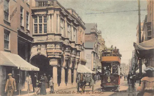 England Exeter Guildhall and High Street Double Decker Tram Cart Shop Postkarte