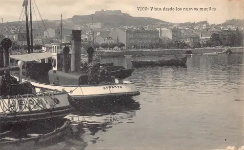 Spanien Vigo Vista desde los nuevos muelles Dampfschiffe Vintage Postkarte