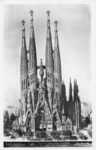 Spanien Barcelona Tempel Sagrada Familia Fachada de Navidad RPPC Vintage Postkarte