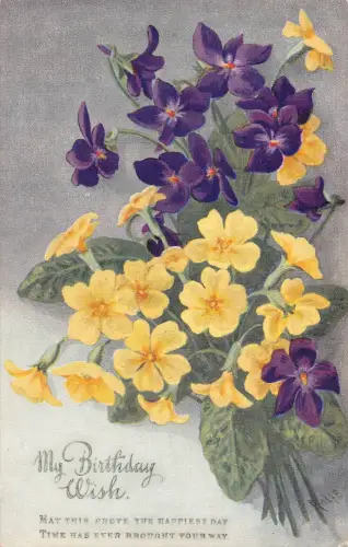 Geburtstagsgrüße lila und gelber Blumenstrauß Vintage Postkarte